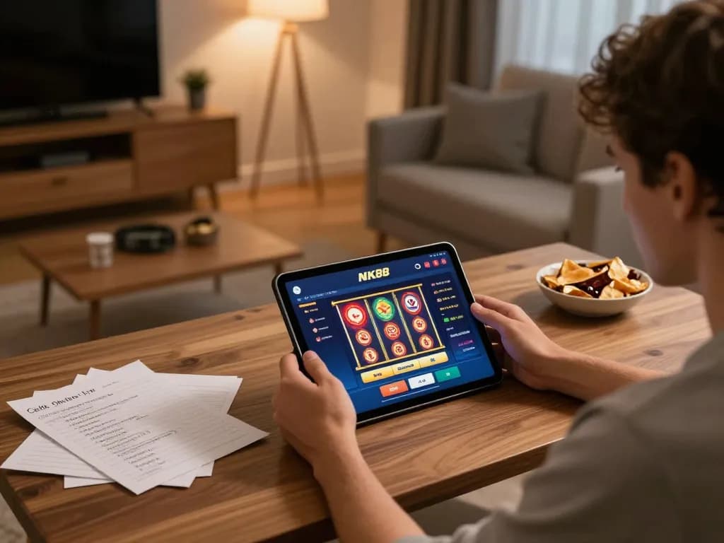 Player exploring NK88 casino app on tablet in relaxed home setting with strategic betting notes