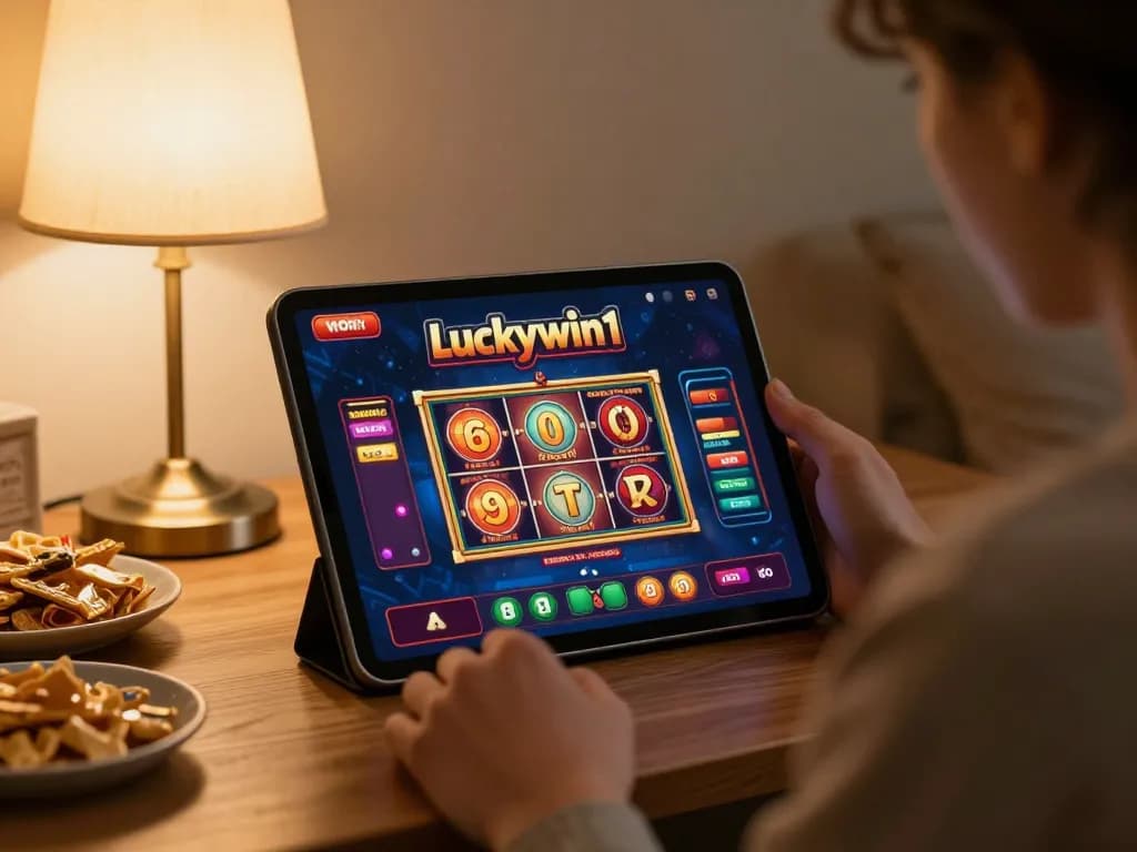 Player enjoying a luckywin1 slot game on a tablet in a cozy home setting.