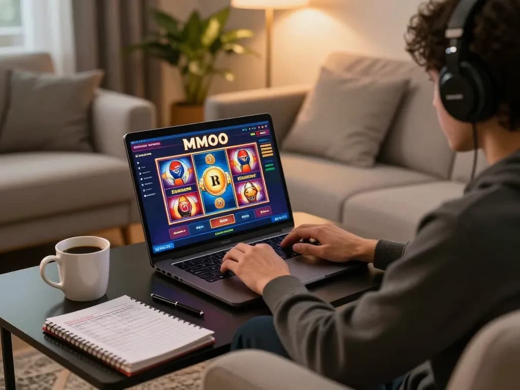 Engaging gaming session on MMOO with laptop displaying casino slots in a cozy living room.