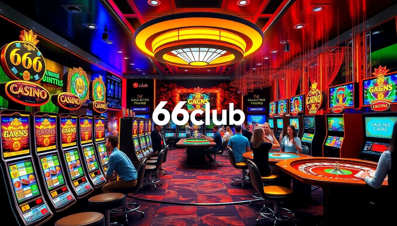 A lively online casino scene featuring 66club with vibrant slot machines and excited players celebrating wins.