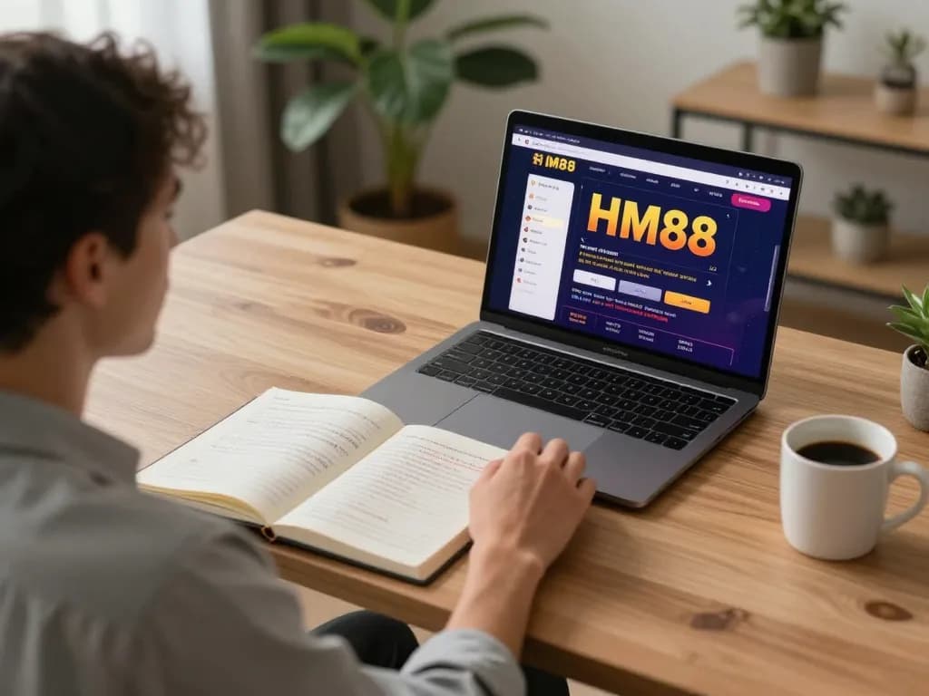 Engaging in online casino gaming with HM88 interface on laptop at home.