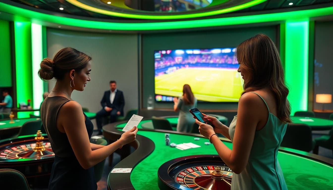 Engaging in แทงบอล at a premier sports betting casino with a vibrant atmosphere and live match action.
