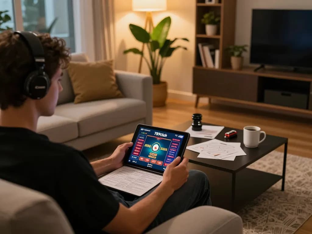 Engaged player using 789club tablet app for online casino gaming in a cozy home setup