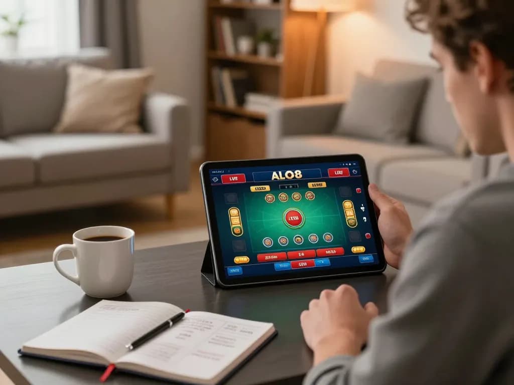 Player engaging in ALO8 Live casino gameplay on tablet in cozy home setting.