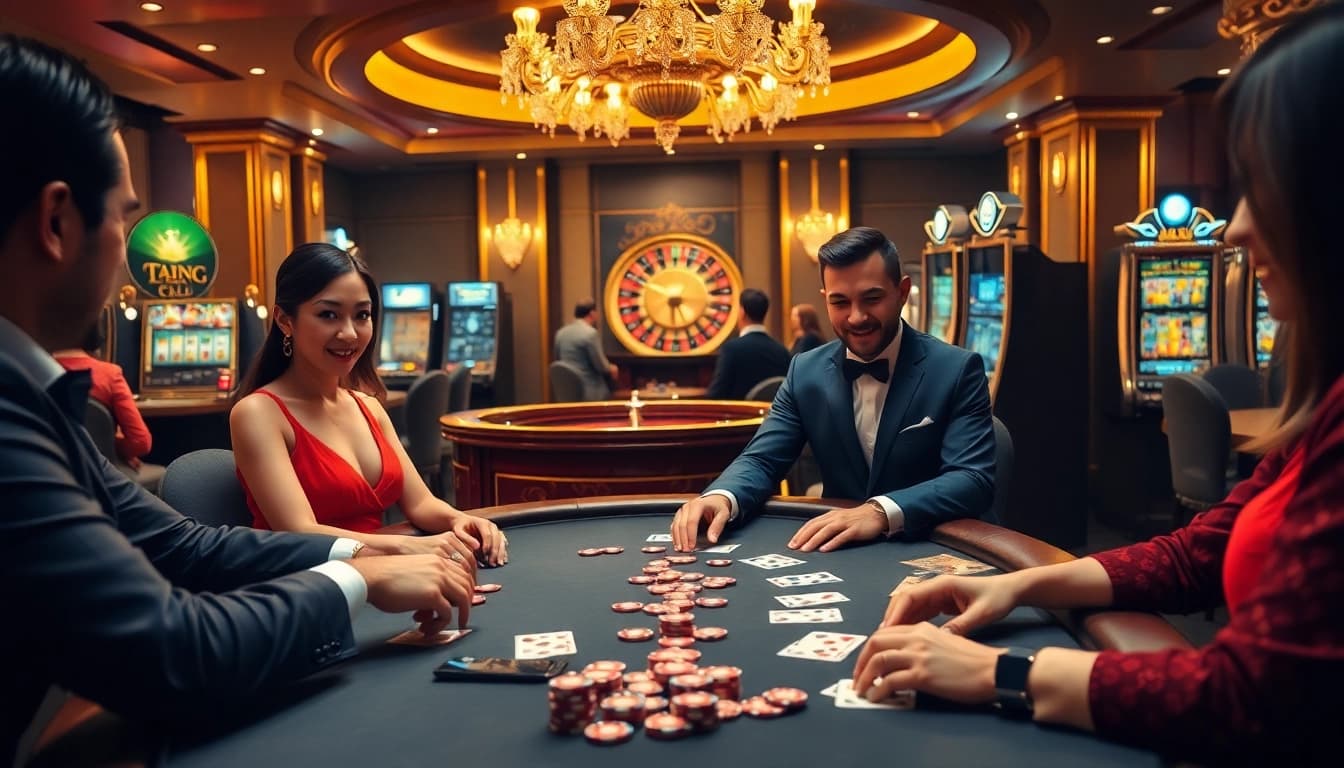 Players enjoying a high-stakes poker game in a luxurious casino setting at sa88.