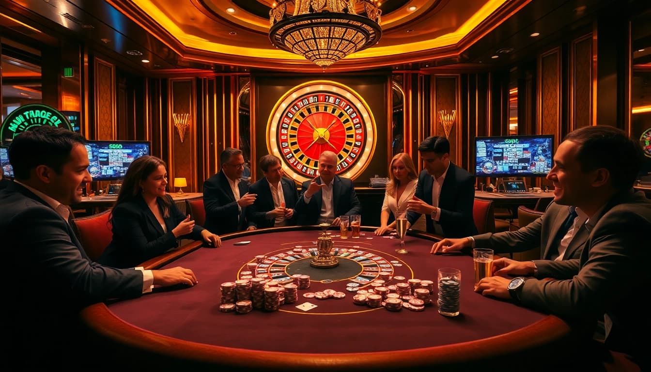 SODO CASINO 66 players engaged in high-stakes poker amidst luxurious casino ambiance.
