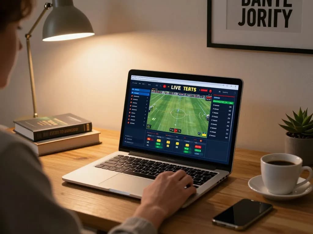 Engaging with debet sports betting through live odds on laptop, promoting responsible gaming.