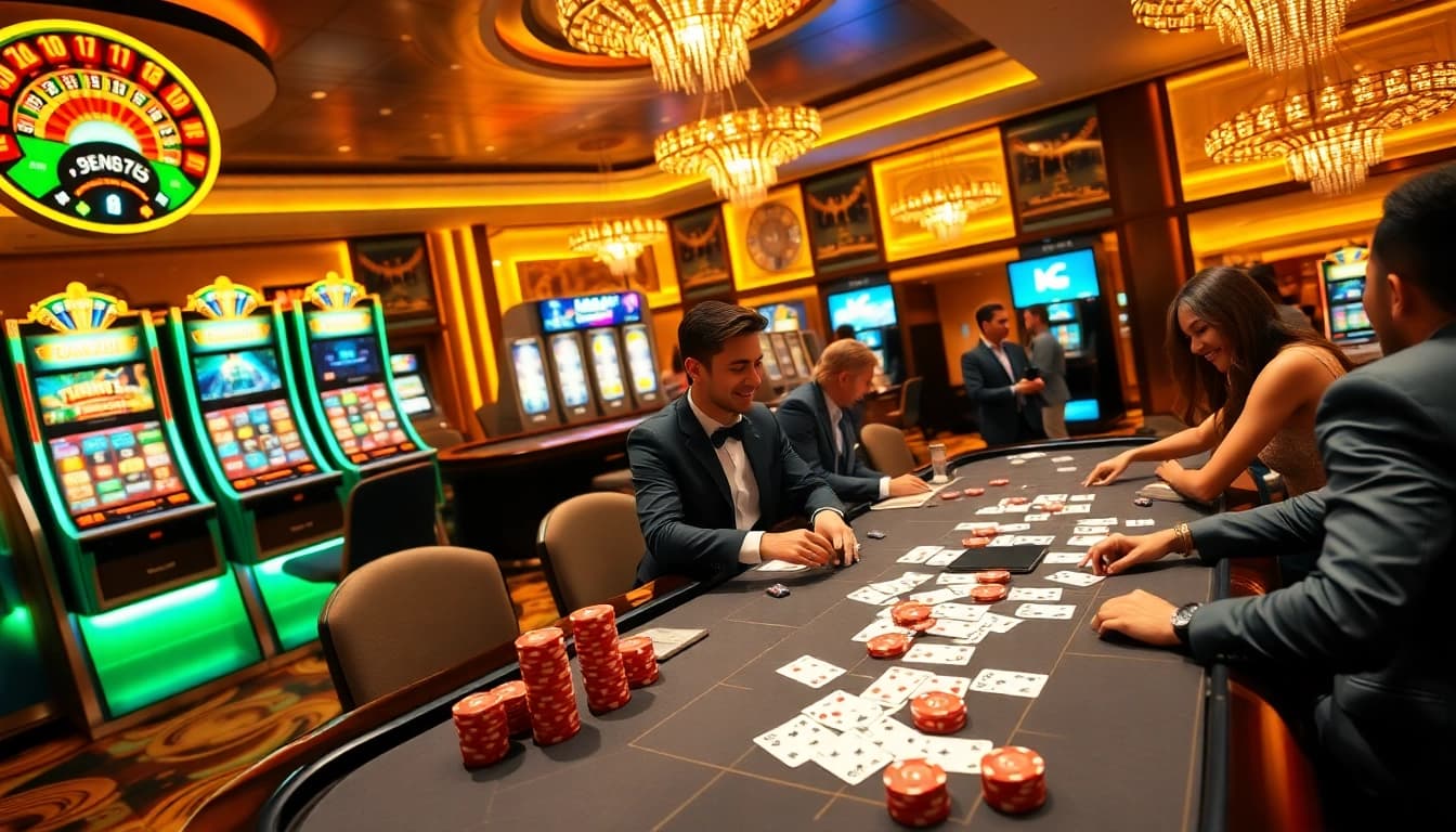 Exciting Go 99 casino scene with players at poker tables and vibrant slot machines.