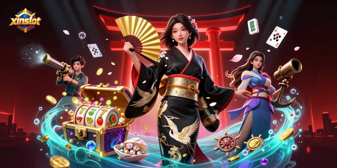 Spin the reels at xinslot, featuring an elegant woman in a kimono among vibrant casino elements.