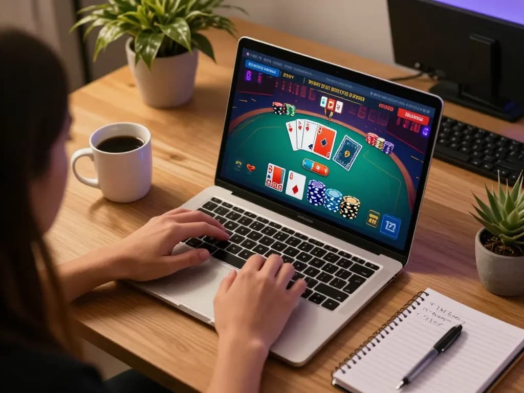 Engaging in online casino gameplay at 78win with poker interface on laptop and strategy notes.