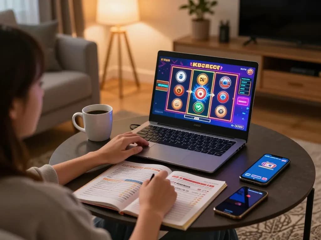 A person engaged in kdslot gaming on a laptop at home, with inviting decor and gaming elements.