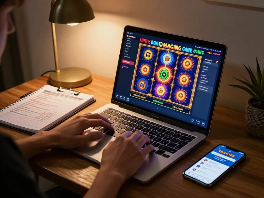 Playing aman788 slot games on a laptop in a cozy home office, showcasing exciting graphics and strategic notes