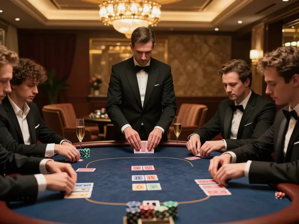 Permainan poker Tempo 123 di ruang kasino VIP mewah dengan pemain dan dealer.