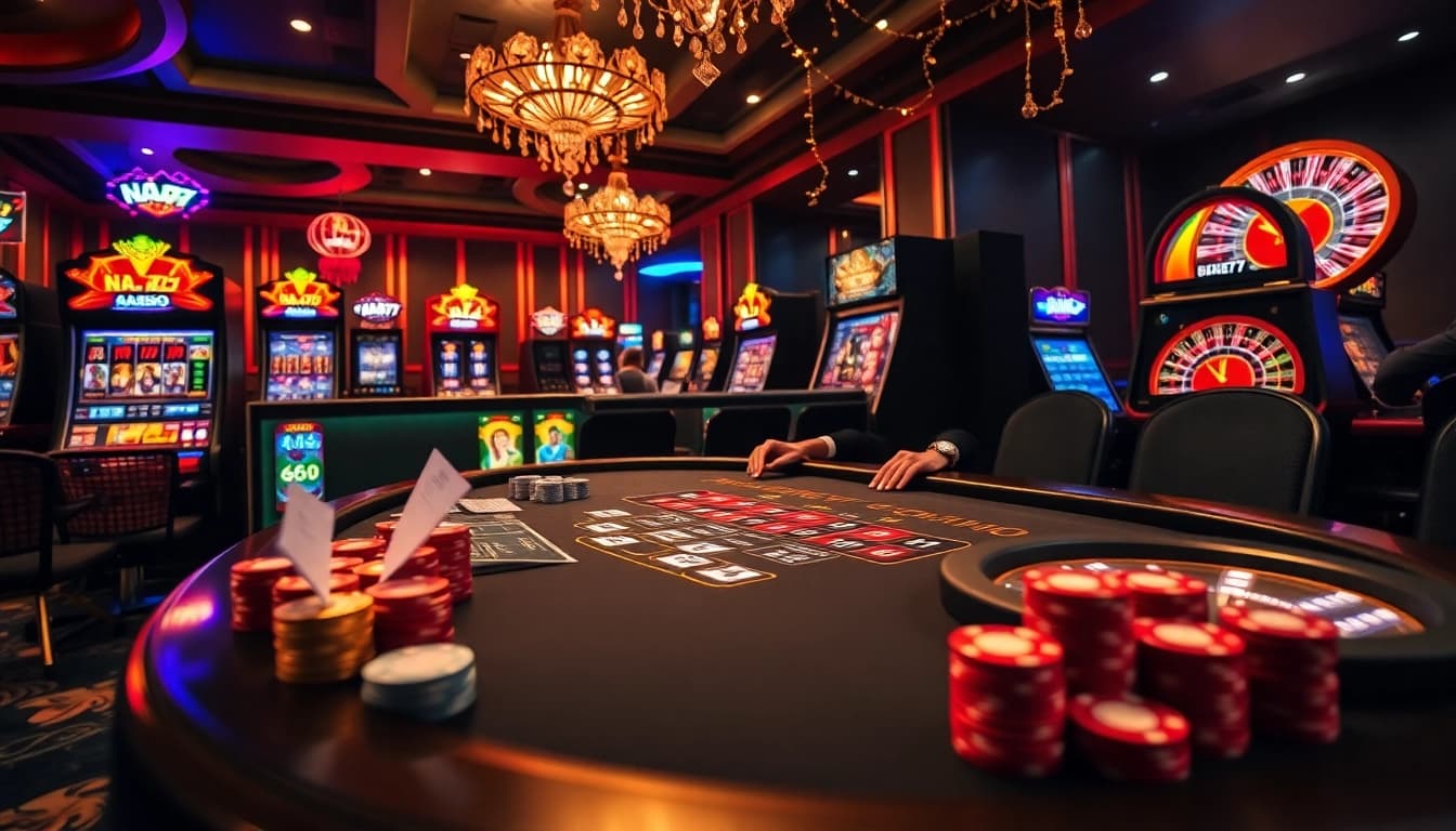 Experience thrilling gameplay at NA777 casino with professional dealers and vibrant slot machines.