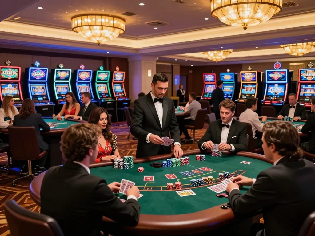 Players strategizing at 68win blackjack tables in a luxurious casino.