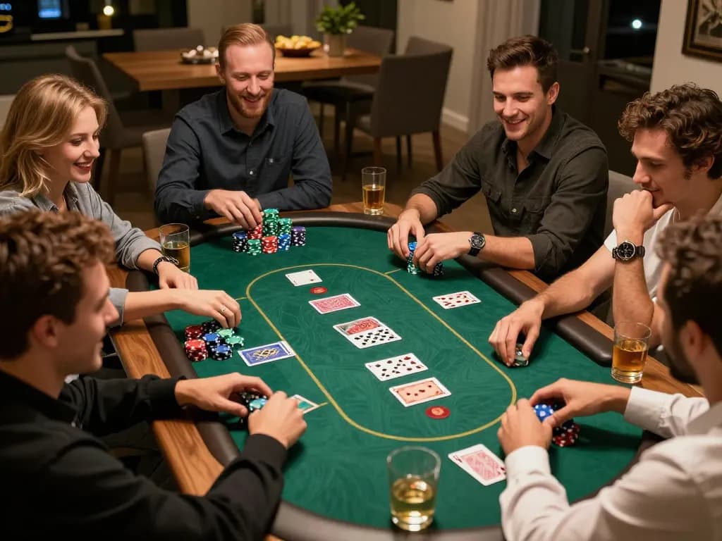 Friends enjoying an exciting poker game night with may88-themed strategies and camaraderie