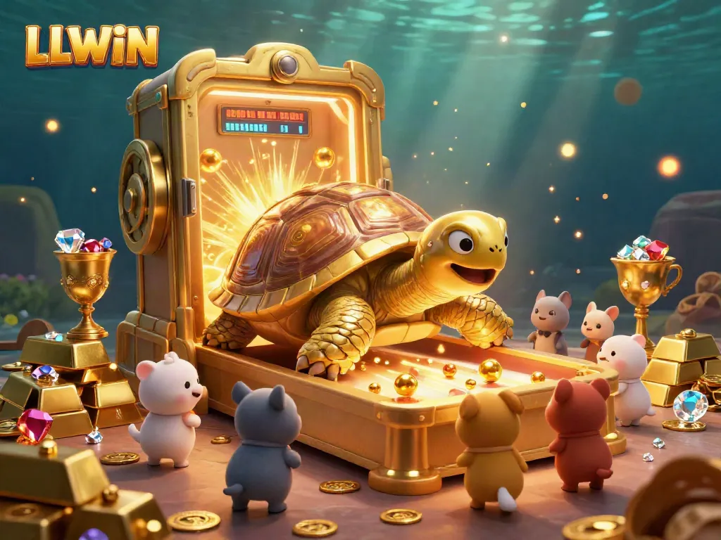 LLWIN features an exciting scene with a colossal golden tortoise as a pinball machine amidst sparkling treasures, captivating players.