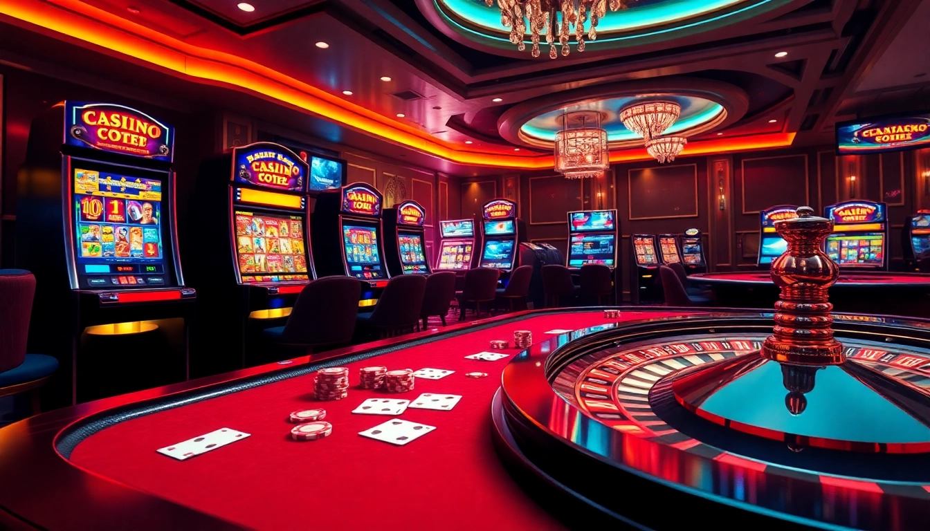 Luck8 online gambling interface featuring luxury poker table, vibrant slot machines, and roulette wheel.