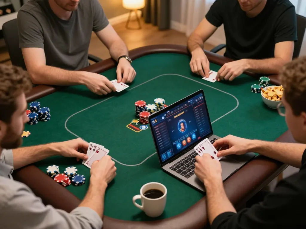 Players enjoying an online poker game at home, showcasing transcrime strategies for maximum enjoyment.