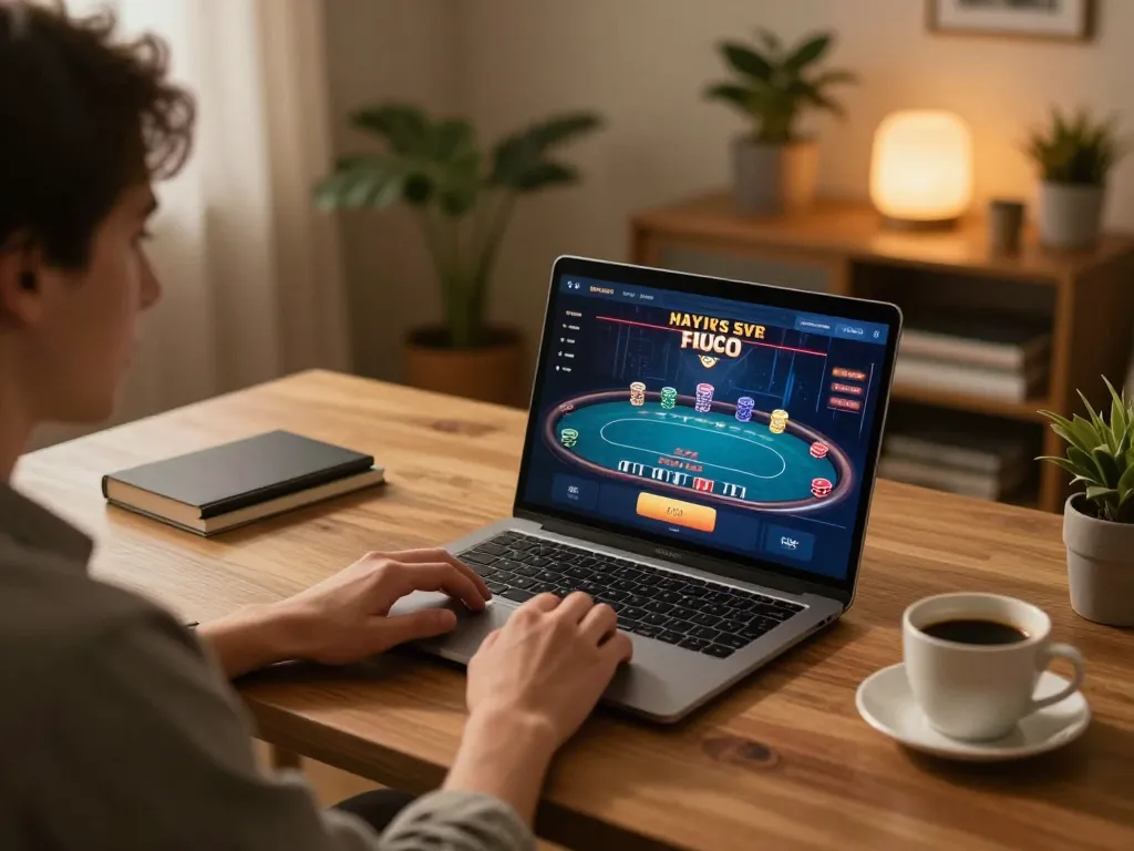 Engaging online gaming session with kp88 as player navigates poker interface on laptop.