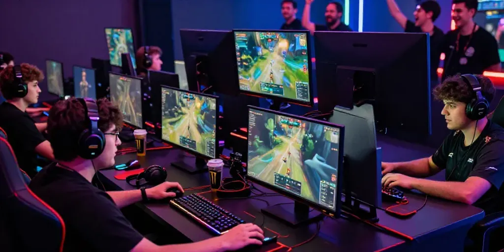 Competitive gaming players focused on loket88 tournament with RGB-lit stations.