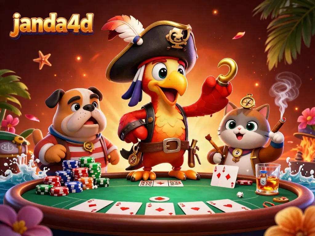 Aktivitas taruhan di JANDA4D dengan karakter kartun dan elemen poker yang kaya warna.