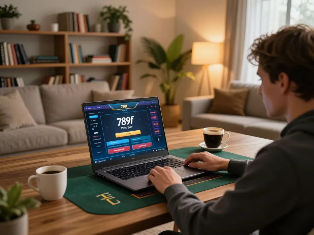 Engaging the 789f đăng nhập interface on a laptop in a cozy home gaming setup.