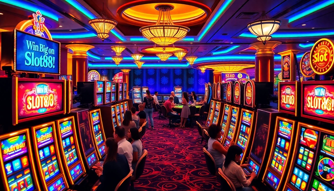 Pemain yang bersemangat terlibat dengan mesin Slot88 di suasana kasino yang meriah.