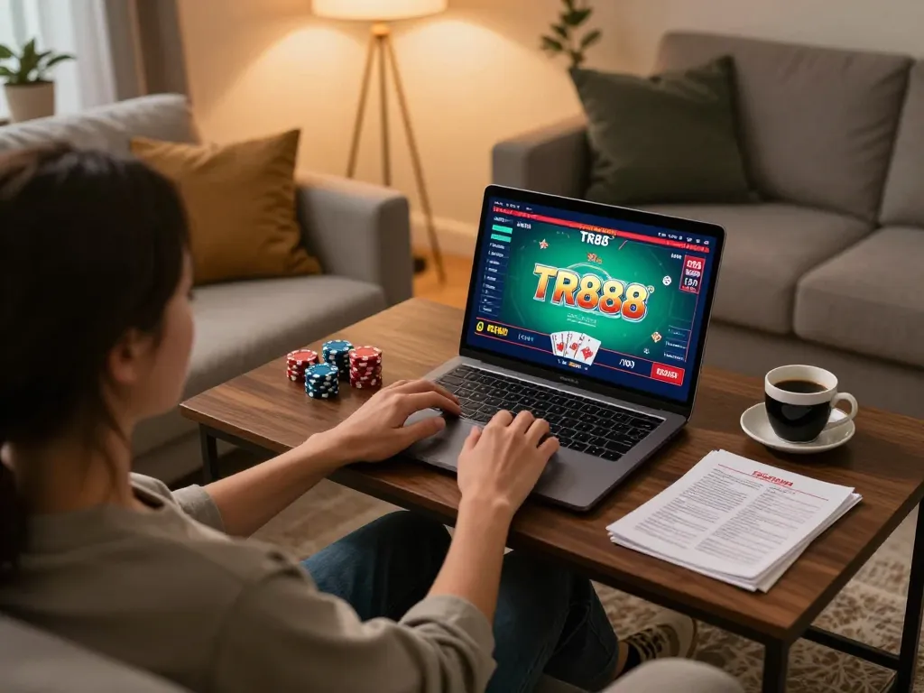 Player enjoying TR88 online poker game on laptop in cozy home setup with strategy notes.