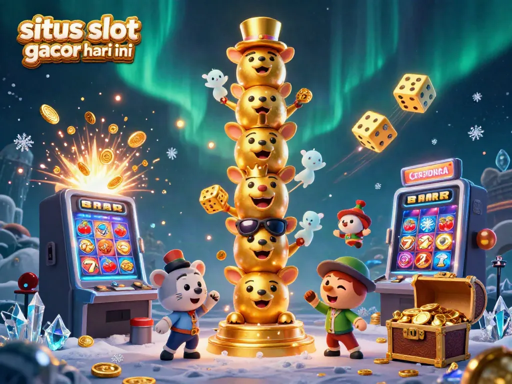 Gambarkan situs slot gacor hari ini dengan totem emas dan mesin slot yang menghasilkan jackpot.