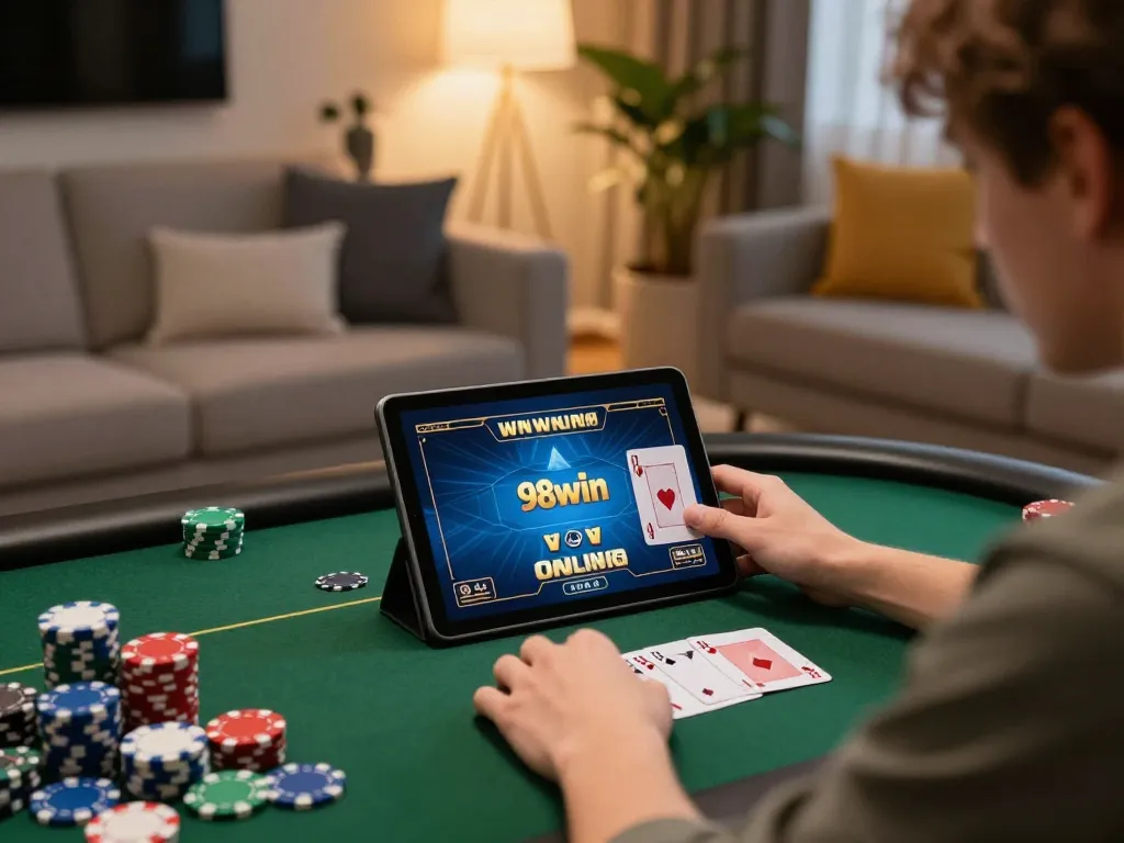 Engaging gameplay on 98win poker app displayed on tablet in inviting home setting.