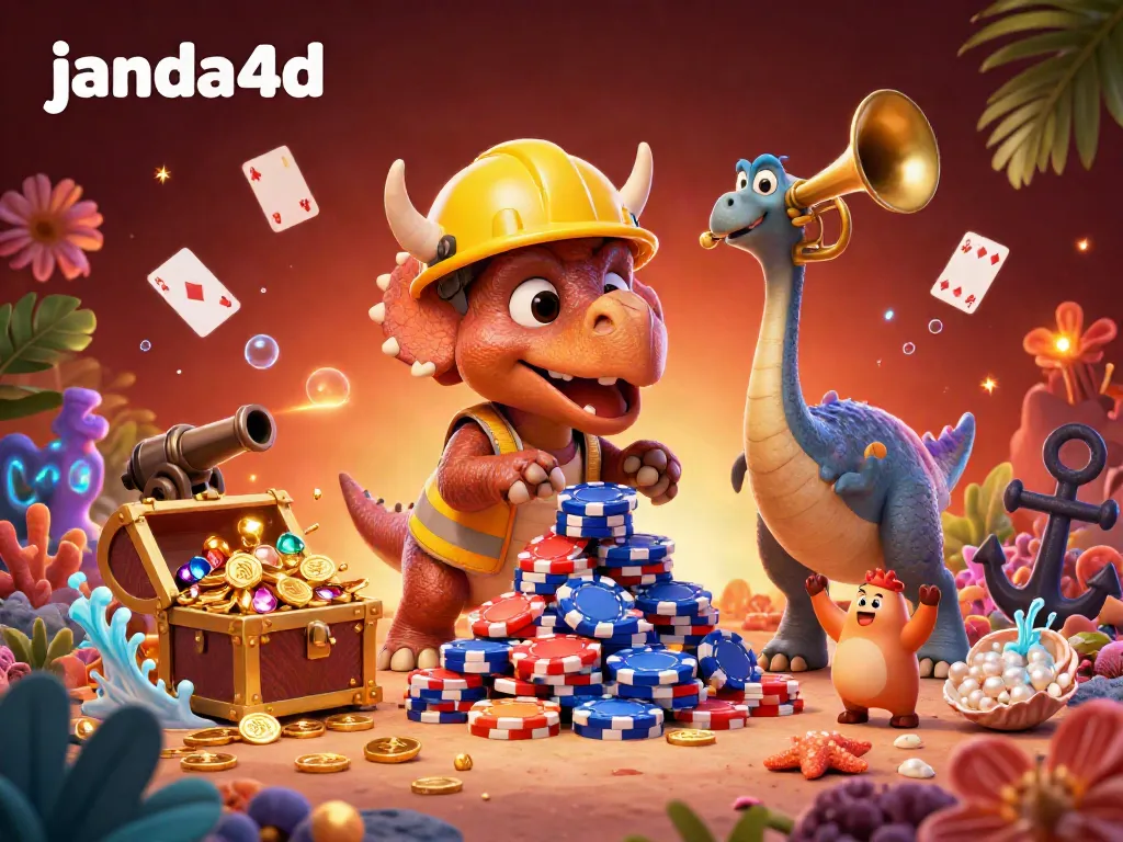 Janda4d membawa kegembiraan dengan triceratops membangun piramida chip poker di dunia kasino yang meriah.