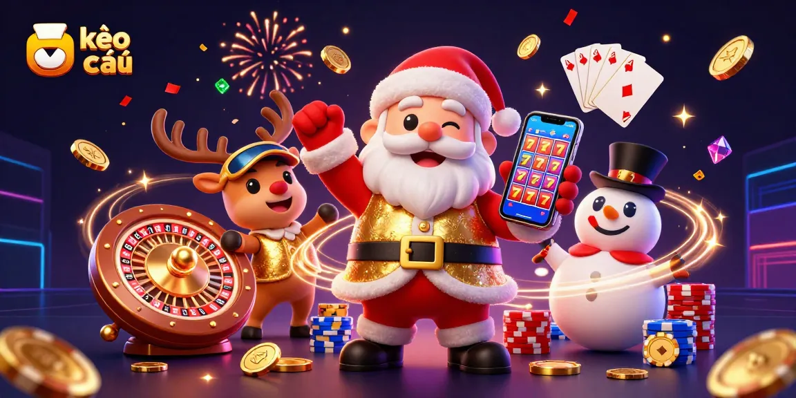 Engage in kèo nhà cái with Santa and friends amidst vibrant casino elements in a festive atmosphere.
