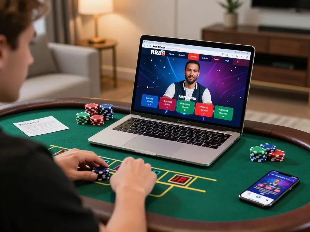 RR88 player focusing on live dealer blackjack game on a laptop in a cozy home setting.