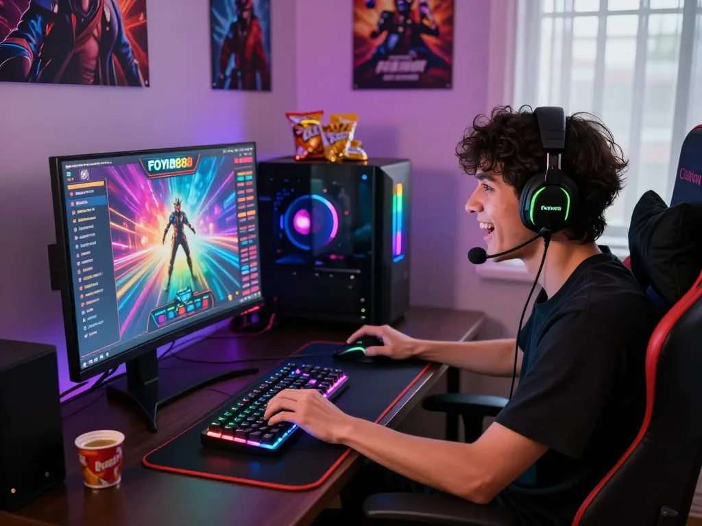 Engaged gamer enjoying Foya888 on a high-resolution monitor in a vibrant gaming setup.