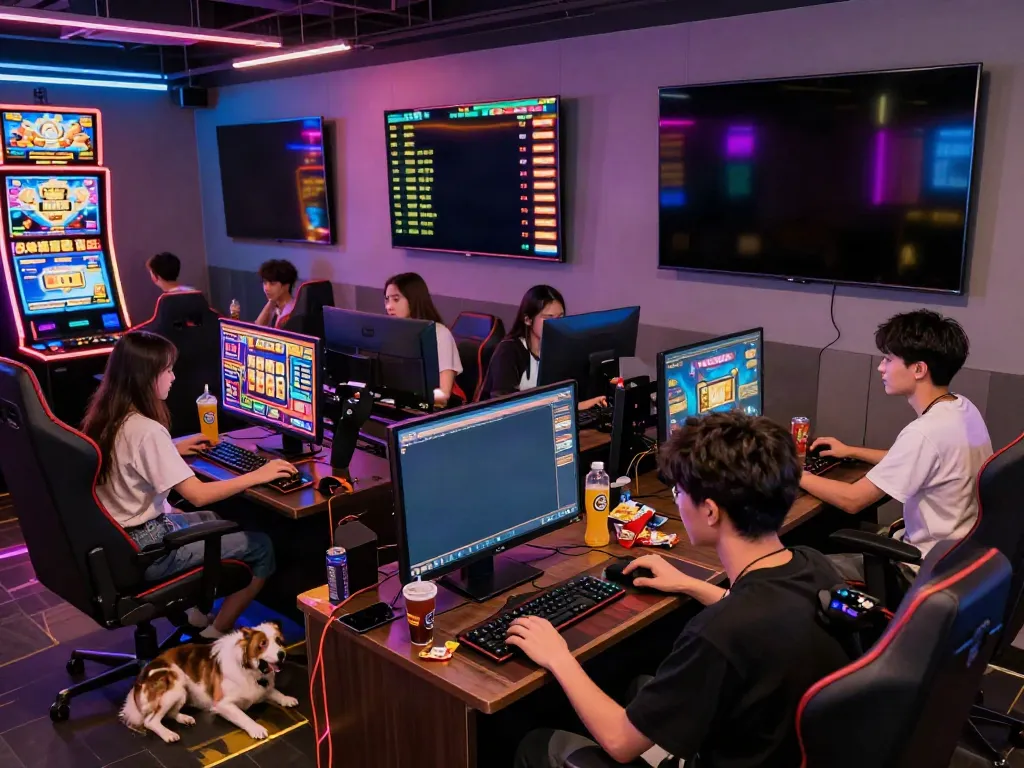 Akunjp gaming lounge filled with young adults engaged in online slot games, colorful screens, and energetic atmosphere.