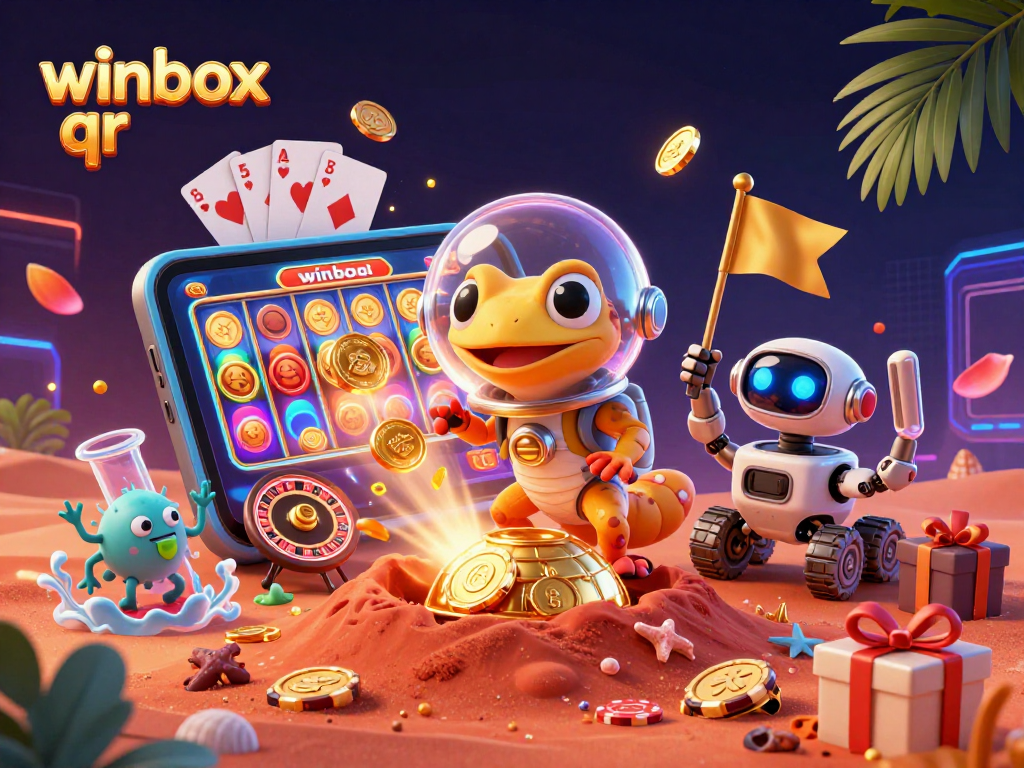 Winbox qr propels a Martian gecko to a casinoscape amidst golden coins and vibrant games.