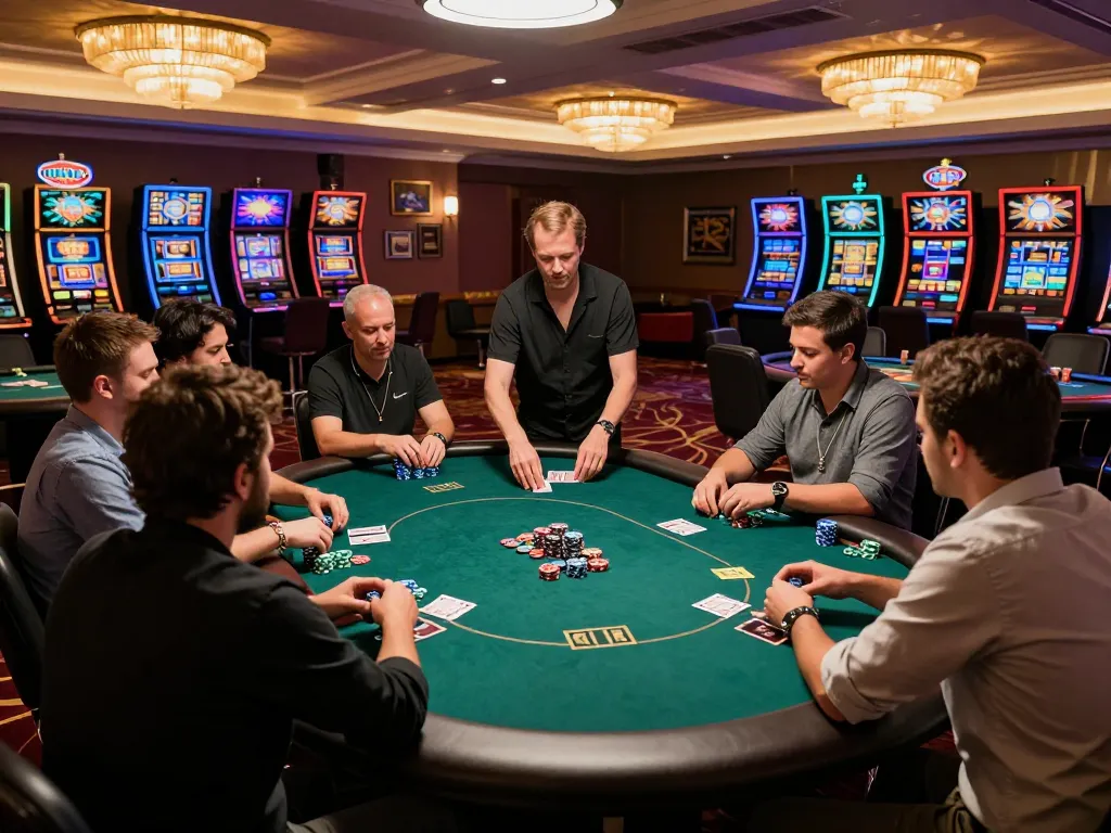 F8BET players engaged in high-stakes poker, capturing strategic gameplay and casino atmosphere.