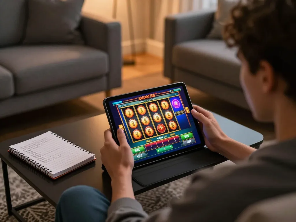 Berinteraksi dengan permainan slot AMAN788 di tablet sambil melacak strategi di rumah.