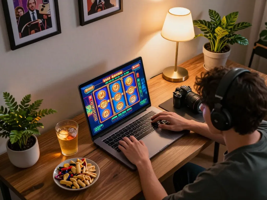 Engaging with slot gacor games during an online session, showcasing a vibrant gaming setup.