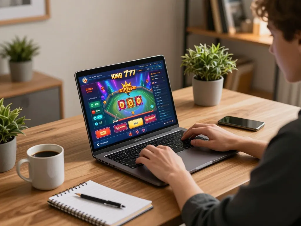 Terlibat dalam permainan strategis untuk kasino king777 dengan aplikasi yang cerah di laptop dan catatan.