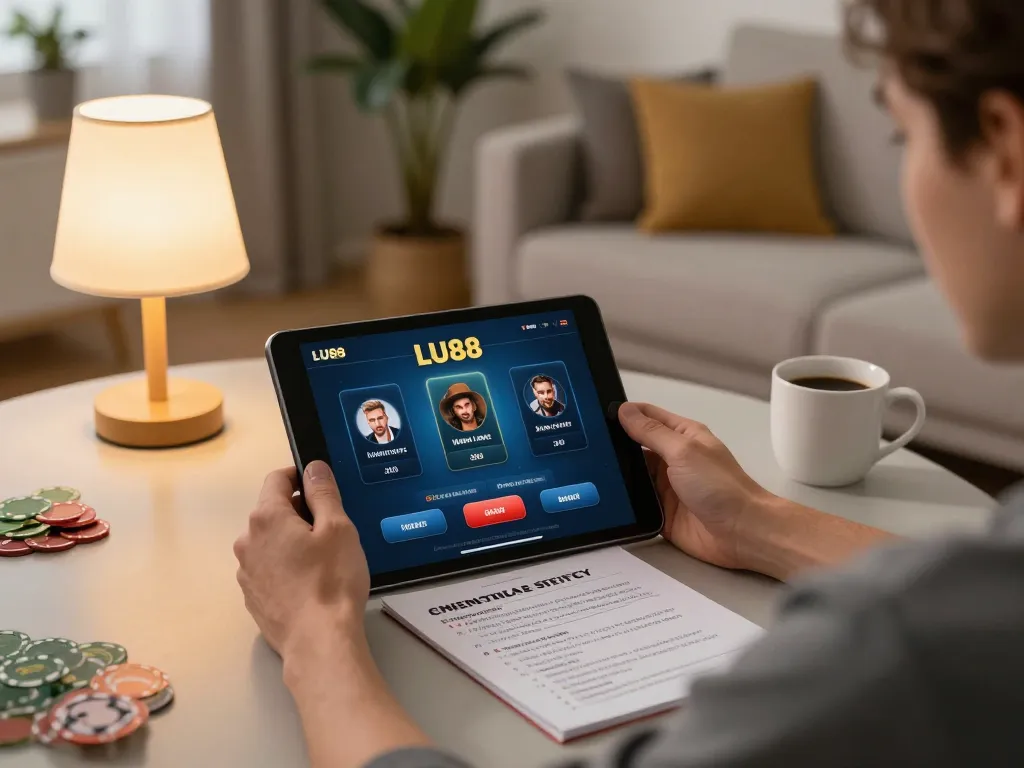 Player engaging in online casino gaming at LU88 from a cozy home setup, featuring betting strategy notes and tablet interface