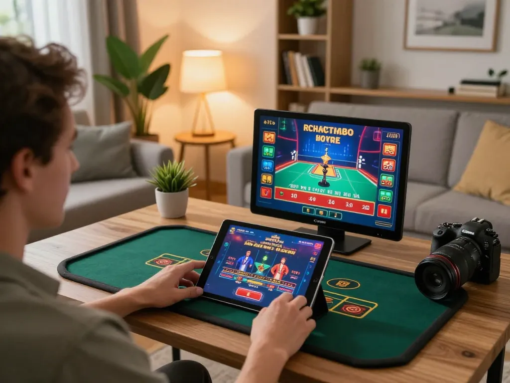 FAFA 828 player enjoying a live dealer game on a tablet in a warm home setting