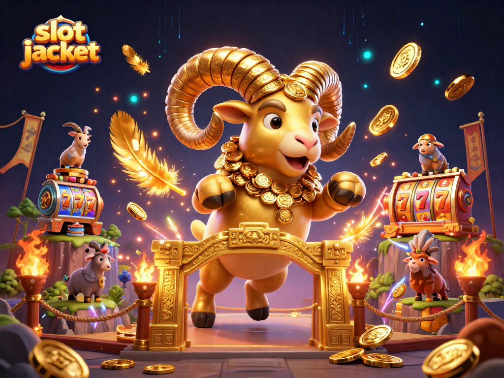 Experience thrilling slot jackpot action with a golden ram charging through a dynamic casino scene.