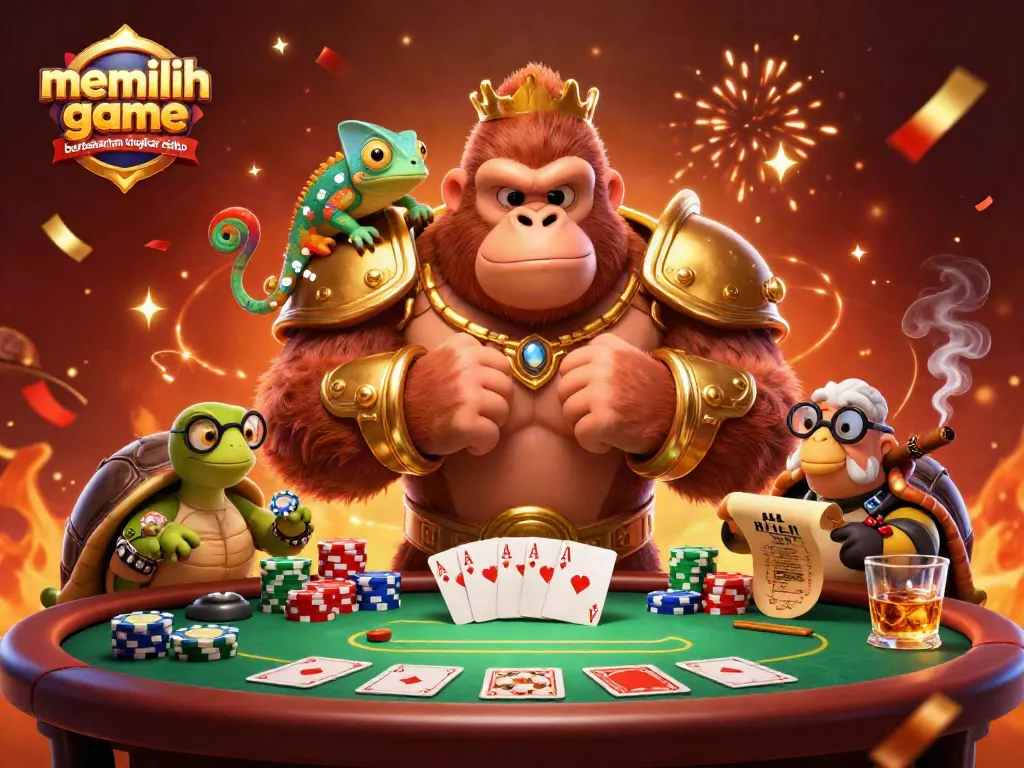 Paduan karakter unik memilih game berdasarkan tingkat risiko di kasino dengan suasana ceria.