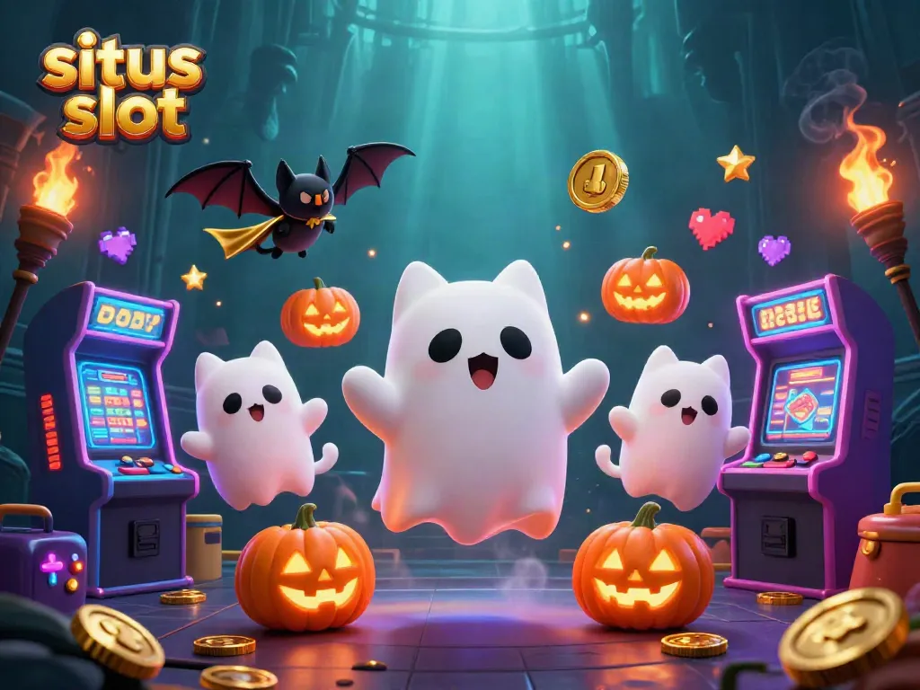 Menyaksikan situs slot dengan karakter unik di kasino hantu, slot dan simbol menarik mengelilinginya.