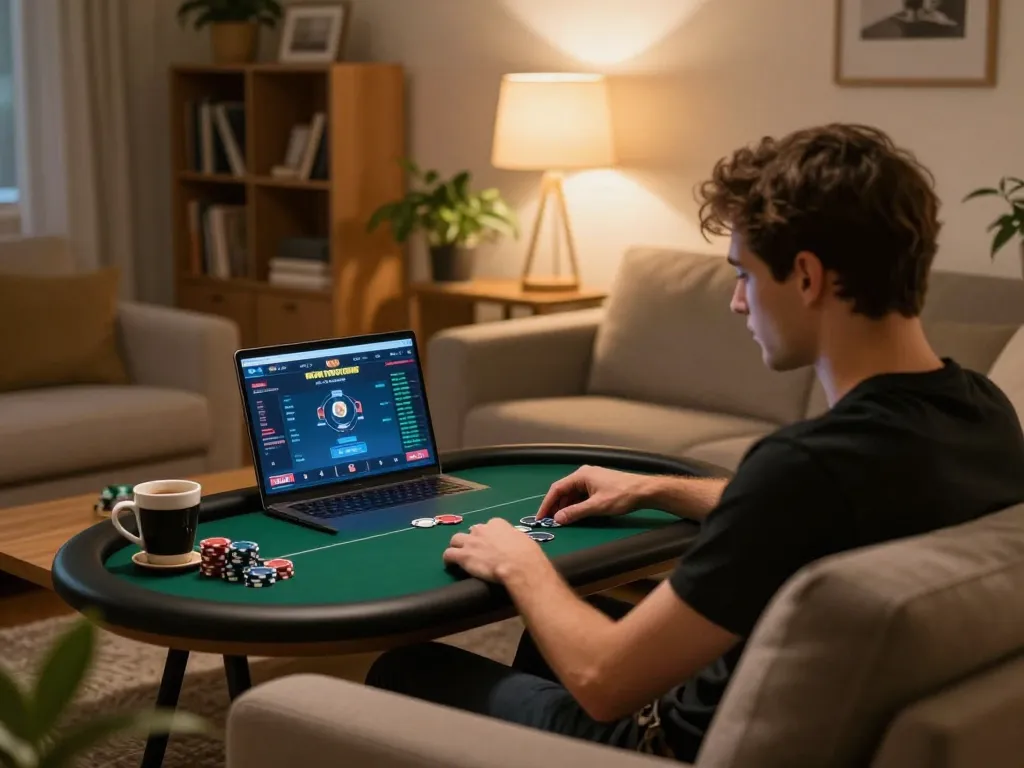 Engaged in strategic online poker gameplay on Sunwin, showcasing a cozy home setting with laptop and poker chips.