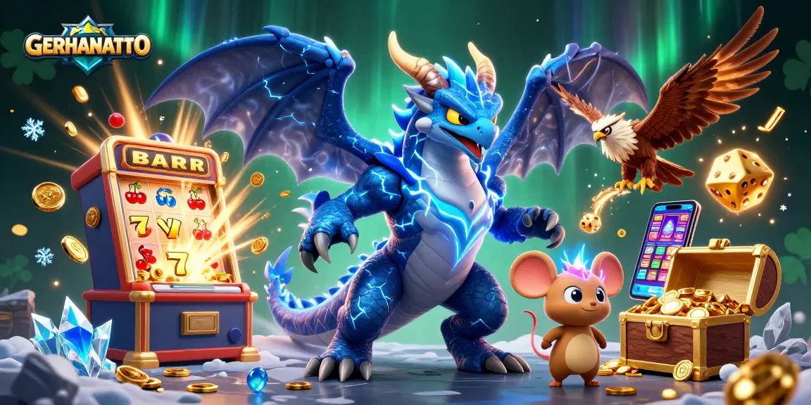 Gerhanatoto menampilkan ilustrasi kasino 3D dengan mesin slot jackpot dan karakter dinamis, menarik perhatian pemain.