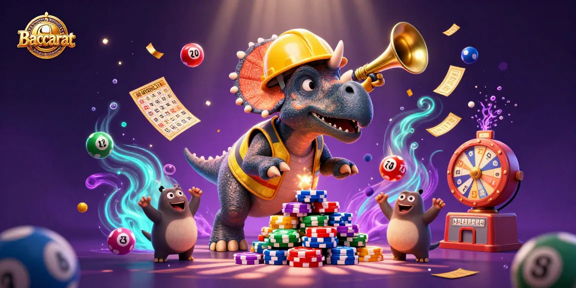 Baccarat game scene with cartoon dinosaurs celebrating a chip pyramid and vibrant lottery elements