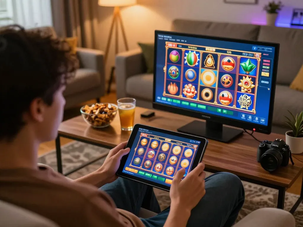 Engaging in slot online gameplay on a tablet at home, showcasing vibrant graphics and an inviting atmosphere.